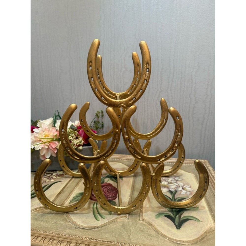 Rare Handmade Genuine Horseshoe Wine Rack Heavy Duty Six Holders Gold Color